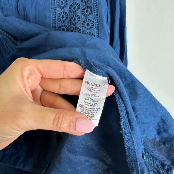 Sundance Linen Blend Boho Embroidered Blouse XS Tassel Tie Front Minimalist Cont - Picture 5 of 6